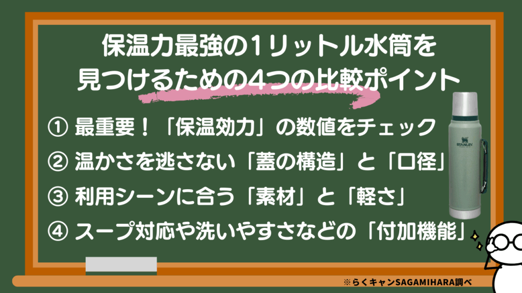 保温力最強の1リットル水筒を見つけるための4つの比較ポイント