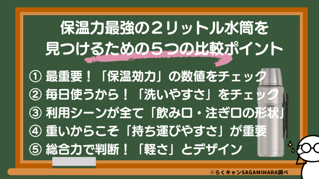 大容量で失敗しない！保温力最強の2リットル水筒を見つけるための5つの比較ポイント