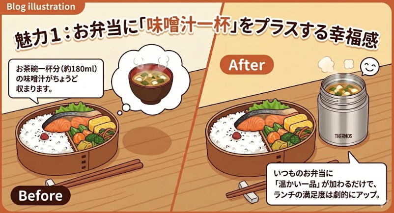 魅力1：お弁当に「味噌汁一杯」をプラスする幸福感