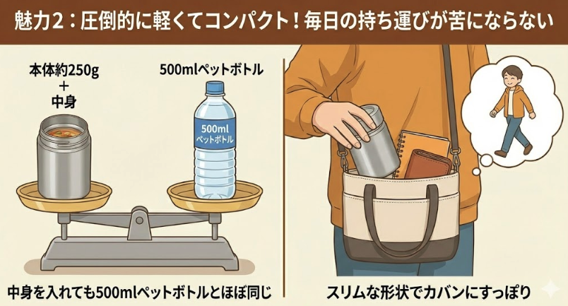 魅力2：圧倒的に軽くてコンパクト！毎日の持ち運びが苦にならない