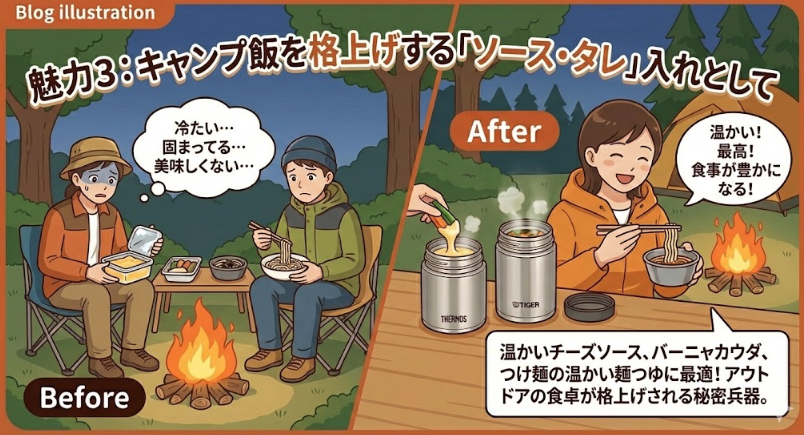 魅力3：キャンプ飯を格上げする「ソース・タレ」入れとして