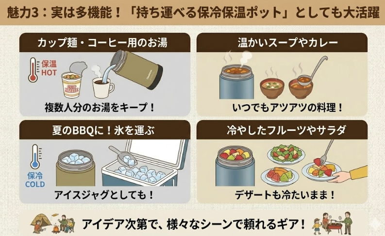 魅力3：実は多機能！「持ち運べる保冷保温ポット」としても大活躍