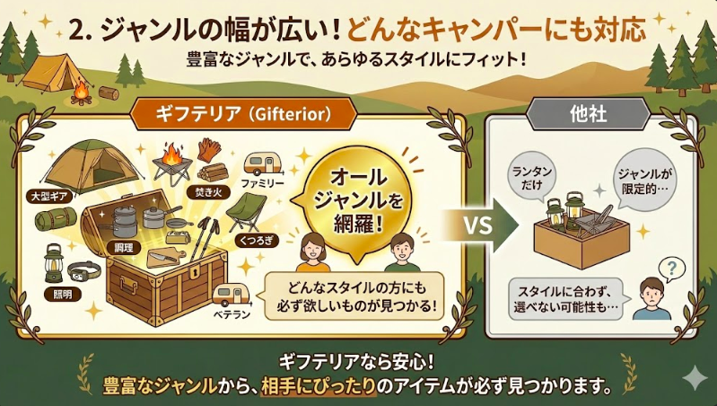 2. ジャンルの幅が広い！どんなキャンパーにも対応