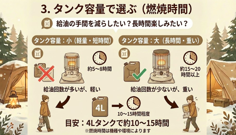 3. タンク容量で選ぶ（燃焼時間）
