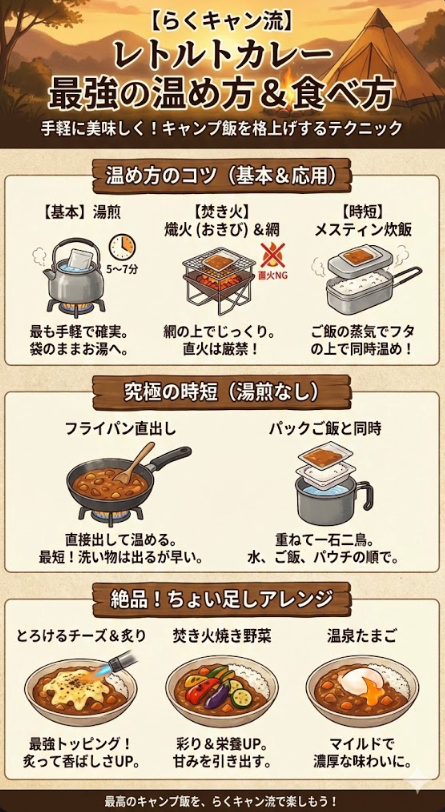 【らくキャン流】キャンプでの美味しい温め方＆食べ方