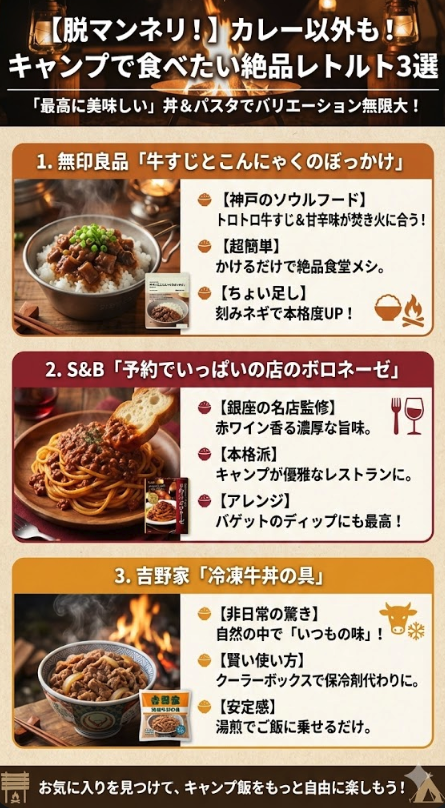 【カレー以外も！】キャンプで食べたい、絶品レトルト丼＆パスタソース