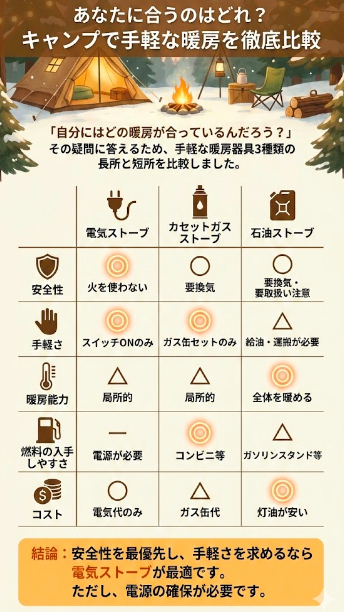 あなたに合うのはどれ？キャンプで手軽な暖房を徹底比較