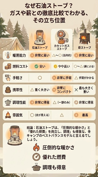なぜ石油ストーブ？ガスや薪との徹底比較でわかる、その立ち位置
石油ストーブメリット
