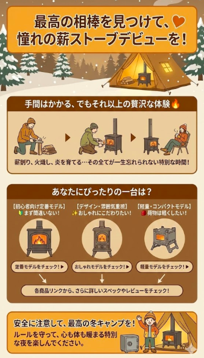 まとめ：最高の相棒を見つけて、憧れの薪ストーブデビューを！