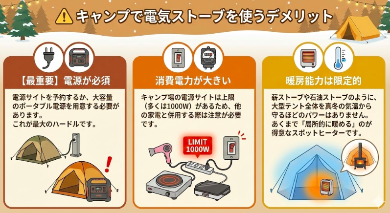 キャンプで電気ストーブを使うデメリット