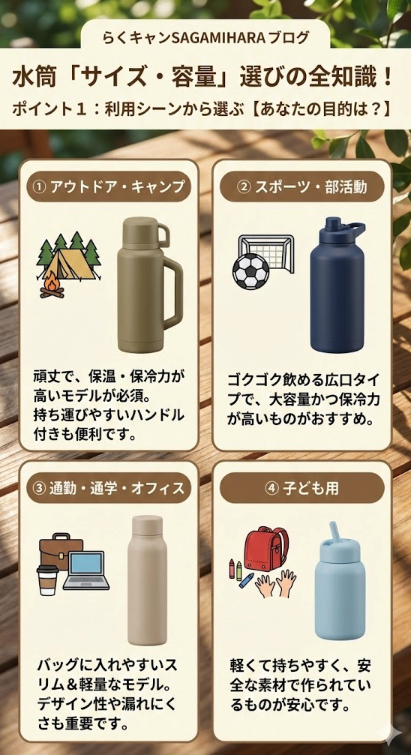 ポイント1：利用シーンから選ぶ【あなたの目的は？】
１アウトドア・キャンプ
２スポーツ・部活動
３通勤、通学、オフィス
４子ども用