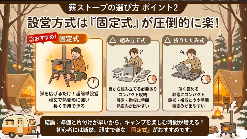 ポイント2：設営方式は「固定式」が圧倒的に楽！