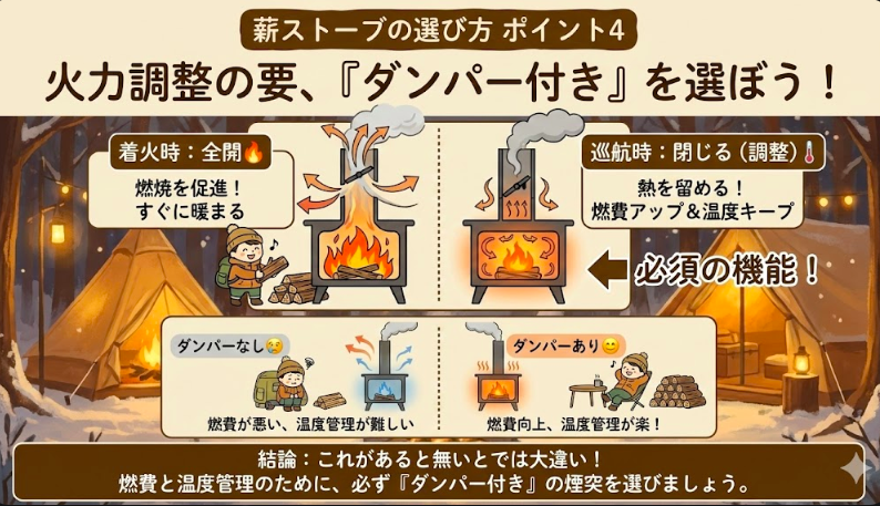 ポイント4：火力調整の要、「ダンパー付き」を選ぼう！