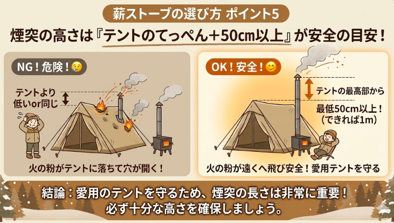 ポイント5：煙突の高さは「テントのてっぺん＋50cm以上」が安全の目安！