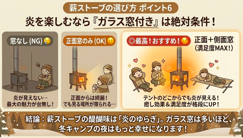 ポイント6：炎を楽しむなら「ガラス窓付き」は絶対条件！