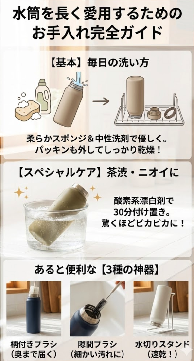 水筒を長く愛用するためのお手入れ方法と便利グッズ
