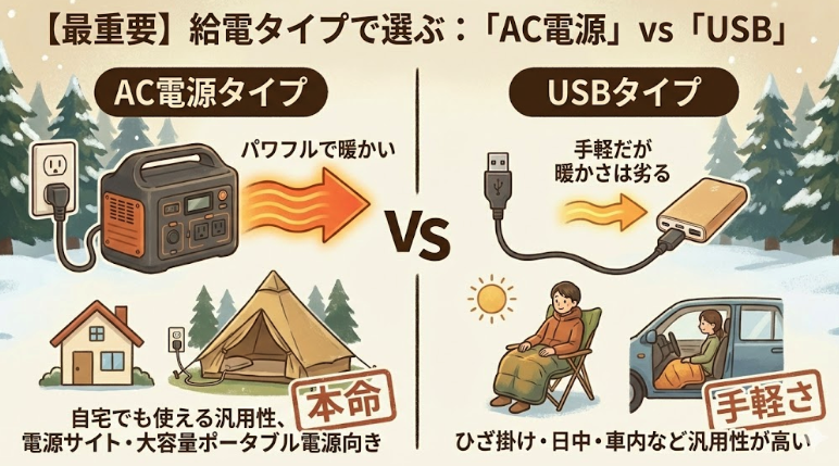 1. 【最重要】給電タイプで選ぶ：「AC電源」vs「USB」