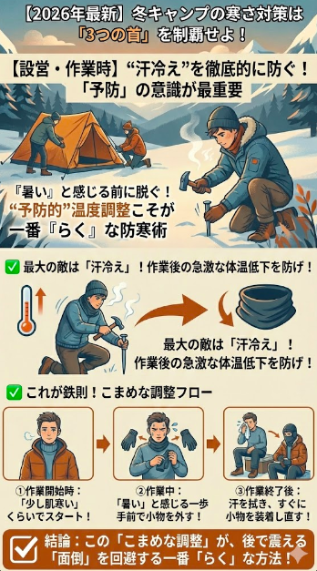 1. 【設営・作業時】 "汗冷え"を徹底的に防ぐ「予防」の意識