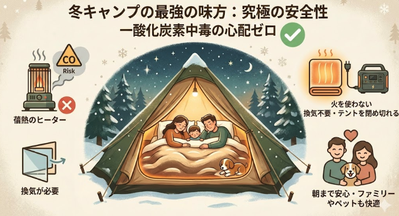 1. 究極の安全性：一酸化炭素中毒の心配ゼロ