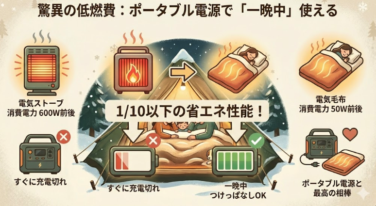 2. 驚異の低燃費：ポータブル電源で「一晩中」使える