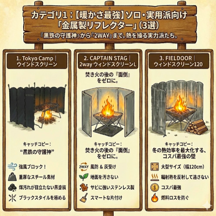 カテゴリ1：【暖かさ最強】ソロ・実用派向け「金属製リフレクター」（3選）