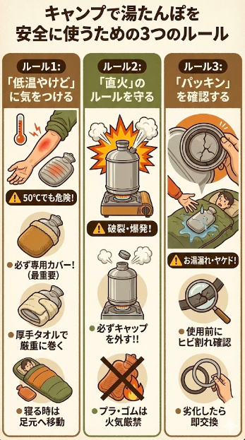 キャンプで湯たんぽを安全に使うための3つのルール
