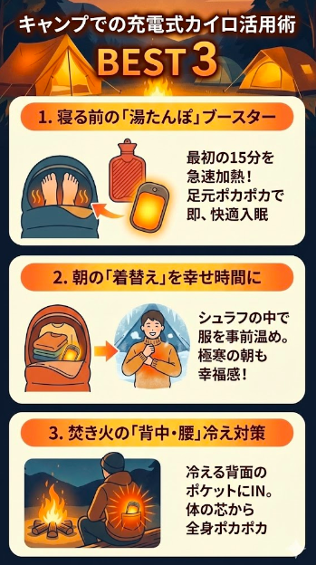 キャンプにおける充電式カイロ活用術