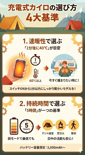 キャンプ用「充電式カイロ」選び方①速暖性②持続時間