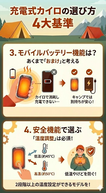 キャンプ用「充電式カイロ」選び方③モバイルバッテリー④温度調節