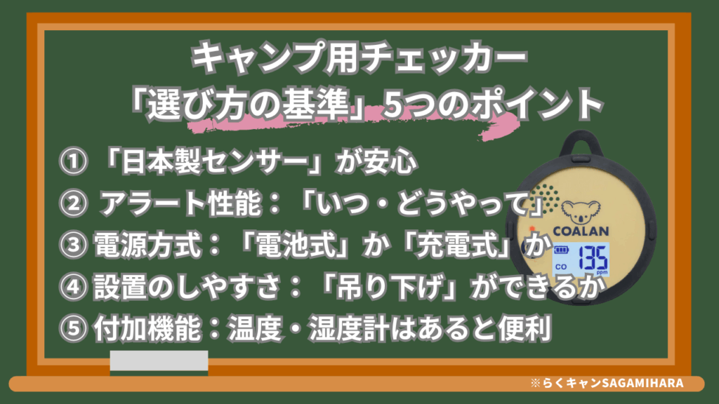キャンプ用チェッカー「選び方の基準」5つのポイント