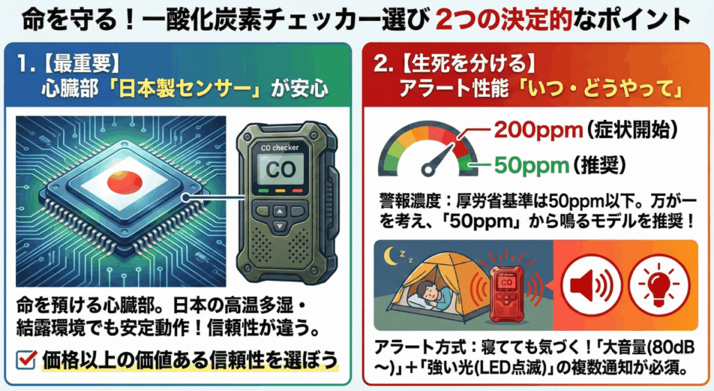 キャンプ用チェッカー「選び方の基準」5つのポイント①日本製センサー②アラート性能
