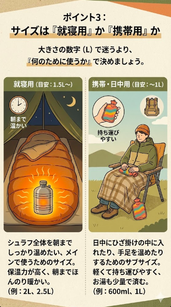 ポイント3：サイズは「就寝用」か「携帯用」か