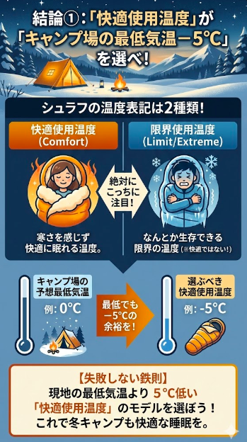 結論①：「快適使用温度」が「キャンプ場の最低気温－5℃」を選べ！
