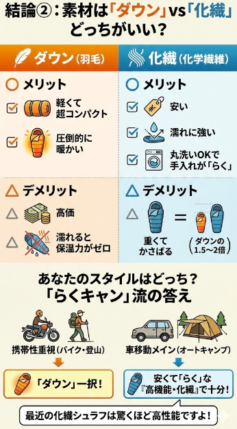 結論②：素材は「ダウン」vs「化繊」どっちがいい？