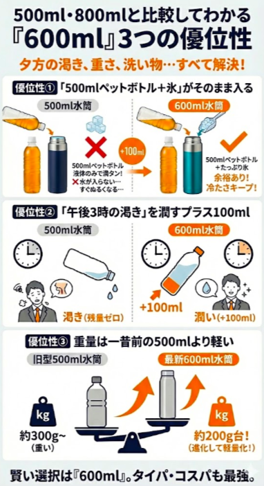 500ml・800mlと比較してわかる「600ml」3つの優位性