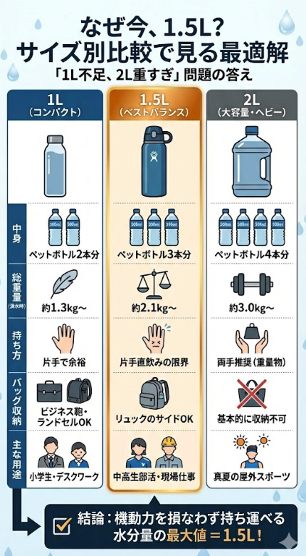 なぜ今「1.5L」なのか？サイズ別比較で見る決定的な違い