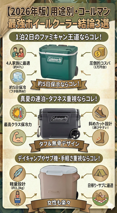 2026年版コールマンホイールクーラー用途別おすすめ3選比較図解。ファミリーキャンプ向きの「エクストリームホイールクーラー/50QT」、真夏の連泊・タフネス重視の「コンボイ 65QT」、デイキャンプ・手軽さ重視の「ホイールクーラー/28QT」のそれぞれの特徴、保冷力、最適な利用シーンをイラストとテキストで解説しています。