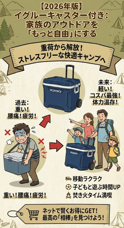 【2026年版】イグルーのキャスター付きクーラーボックスの図解。タイトルは「家族のアウトドアを『もっと自由』にする」。イラストは、過去の重いクーラーで腰を痛める男性と、未来のイグルー製キャスター付きクーラーを引いて快適に移動する笑顔の家族を対比。「重い！腰痛！疲労！」から「軽い！コスパ最強！体力温存！」への変化を示し、移動の楽さ、子どもとの時間増加、焚き火タイムの満喫といったメリットを強調。中央にはイグルーの青いクーラーボックス製品画像があり、下部には「ネットで賢くお得にGET! 最高の『相棒』を見つけよう！」という購買誘導のタグがある。手書き風のアウトドアデザイン。
