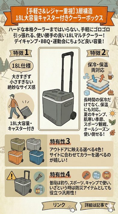 【手軽さ&レジャー重視】3層構造 18L大容量キャスター付きクーラーボックスの紹介図解。デイキャンプ・BBQ・運動会にちょうど良い容量、特徴1(18L仕様、持ち運びやすさ、キャスター付き、大きすぎず小さすぎないサイズ感)、特徴2(保冷・保温両対応、3層構造、オールシーズン使用可能)、特有性3(アウトドアに映える選べる4つのカラーバリエーション)、特有性4(釣り・スポーツ・キャンプ、いざという時の防災用アイテムとしての汎用性)をアイコンとテキストで説明。