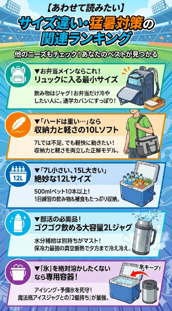 【あわせて読みたい】サイズ違い・猛暑対策の関連ランキング図解。他のニーズに応える5つの選択肢を紹介。①お弁当メインならリュックに入る最小サイズ。②ハードは重いなら収納力と軽さの10Lソフト。③7Lと15Lの間をとった絶妙な12Lサイズ。④部活の必需品、ゴクゴク飲める大容量2Lジャグ。⑤氷を絶対溶かしたくないなら魔法瓶アイスジャグとの2個持ち。あなたのベストが見つかる関連アイテム集。