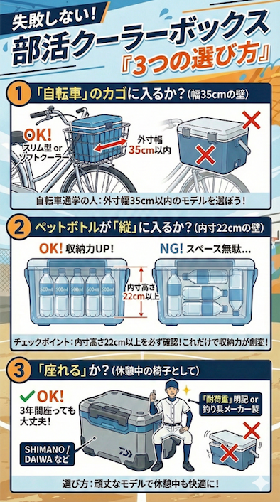 失敗しない!部活クーラーボックス「3つの選び方」図解。①「自転車のカゴ」に入るか?外寸幅35cm以内のスリム型がおすすめ。②ペットボトルが「縦」に入るか?内寸高さ22cm以上なら収納力劇的アップ。③「座れる」か?耐荷重明記やシマノ・ダイワ製なら3年間座っても安心。