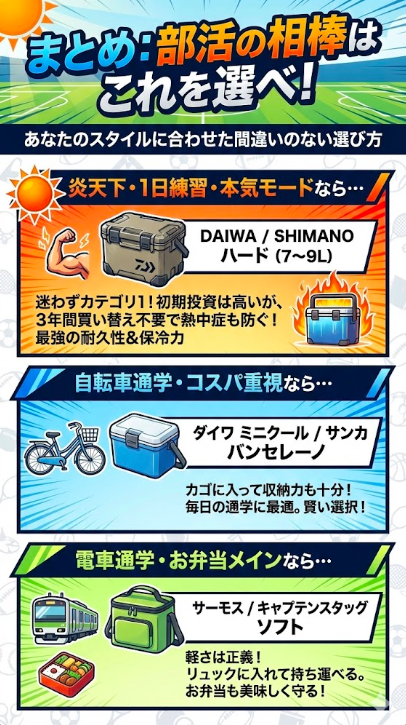 まとめ:部活の相棒はこれを選べ!スタイル別クーラーボックスの選び方図解。炎天下・1日練習の本気モードなら、耐久性・保冷力最強の「ダイワ・シマノ」ハード(7〜9L)。自転車通学・コスパ重視なら、カゴに入る「ダイワ ミニクール」か「サンカ バンセレーノ」。電車通学・お弁当メインなら、軽くてリュックに入る「サーモス」や「キャプテンスタッグ」のソフトクーラーがおすすめ。