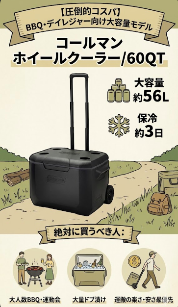 コールマン ホイールクーラー/60QTの図解画像。「圧倒的コスパ!BBQ・デイレジャー向け大容量モデル」と題し、キャスター付きの黒いクーラーボックスを紹介。スペックは容量約56L、保冷約3日。「絶対に買うべき人」として、大人数BBQ・運動会、飲み物の大量ドブ漬け、運搬の楽さと安さを優先する人をイラストで示している。手書き風のアウトドア背景。