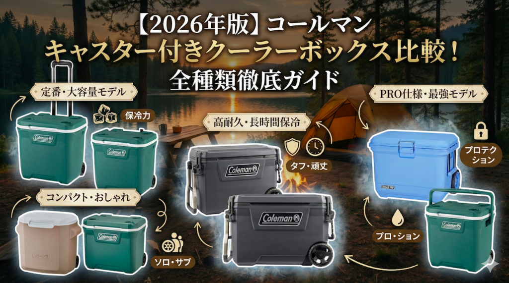 【2026年版】コールマン キャスター付きクーラーボックス比較！全種類徹底ガイド。定番モデルからPRO仕様まで、各種ホイールクーラーの特徴（保冷力、耐久性、サイズなど）をキャンプ場の背景で図解したアイキャッチ画像。