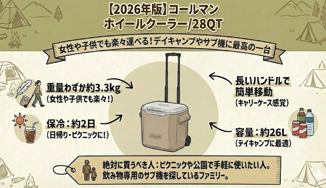 【2026年版】コールマン ホイールクーラー/28QTの図解。重量約3.3kgと軽量で、長いハンドルによりキャリーケースのように女性や子供でも楽に運べる点、容量約26Lでデイキャンプやピクニックのサブ機に最適な点を解説。