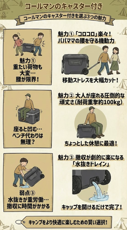 コールマンのキャスター付きクーラーボックスを選ぶ3つの魅力をまとめた図解。①長いハンドルで楽に運べ腰への負担を軽減する機動力、②耐荷重約100kgでベンチとしても使える頑丈さ、③キャップを開けるだけで簡単に排水できる水抜きドレイン機能を、手書き風イラストで分かりやすく解説しています。