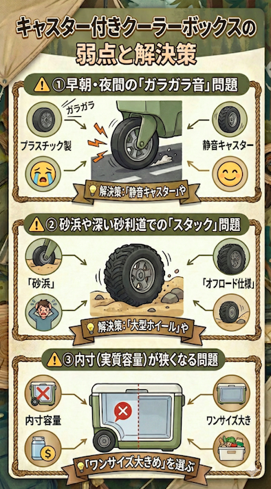 キャスター付きクーラーボックスのデメリット(弱点)と買って後悔しないための解決策の図解