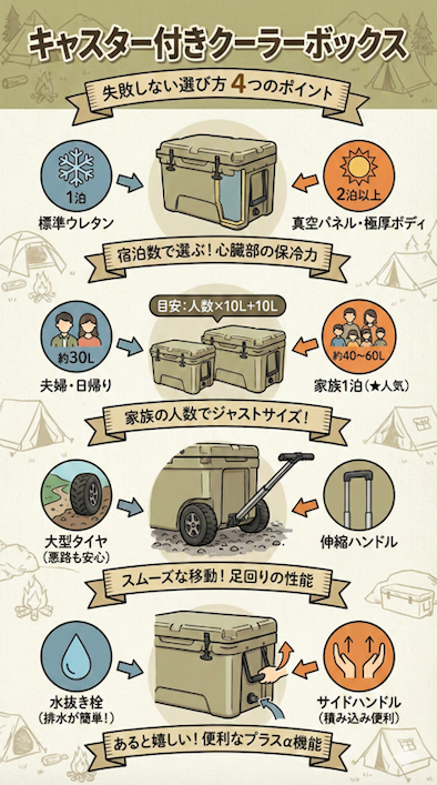 キャスター付きクーラーボックスの失敗しない選び方4つのポイント(保冷力・容量・タイヤ・機能)の図解