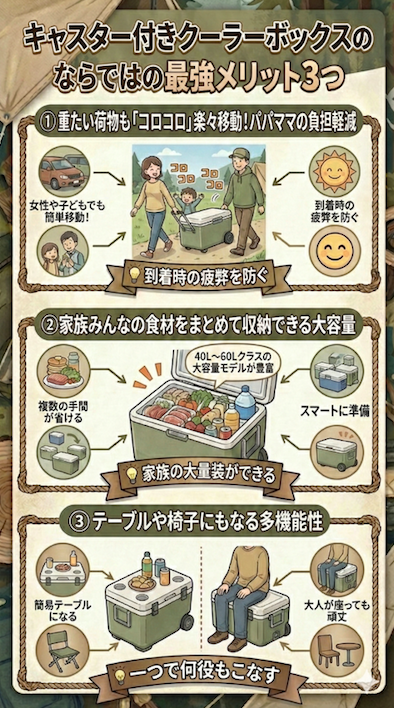 キャスター付きクーラーボックスならではの最強メリット3つの図解