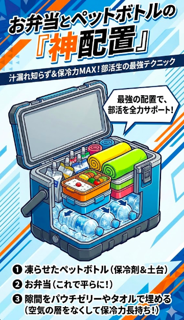 部活のお弁当も安心!クーラーボックスの「神配置」図解。底に凍らせたペットボトル、その上にお弁当を平置きし、隙間をタオルやゼリーで埋めて保冷力アップ&汁漏れを防ぐ最強テクニック。